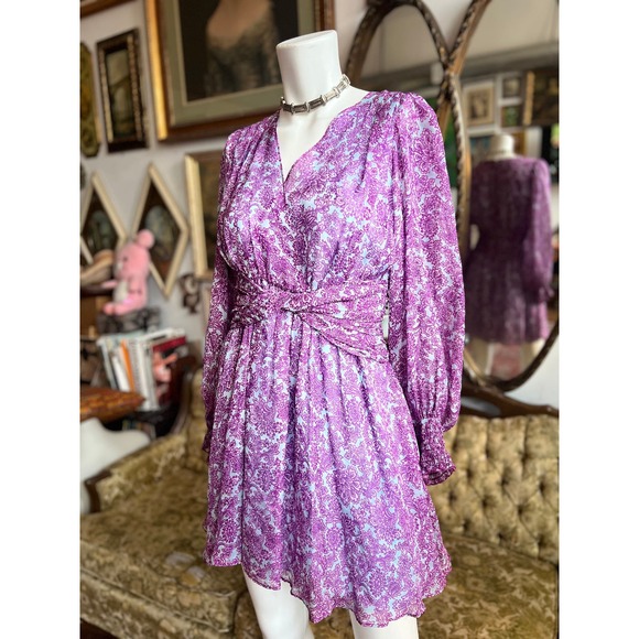 AMUR Twist-Front Dress Purple/Blue Printed Silk Chiffon Floral Dress Size 4 - Picture 5 of 11